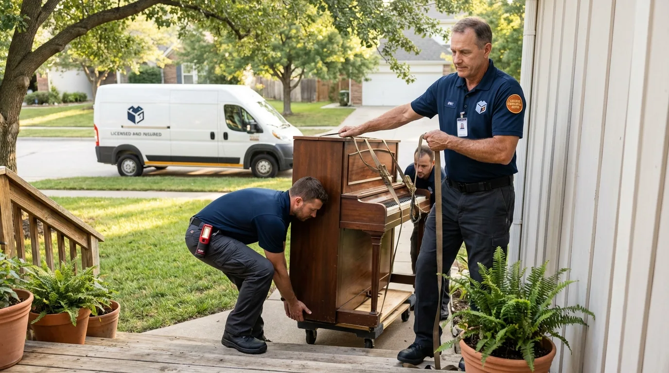Licensed piano movers securing grand piano in Cumberland Center, ME