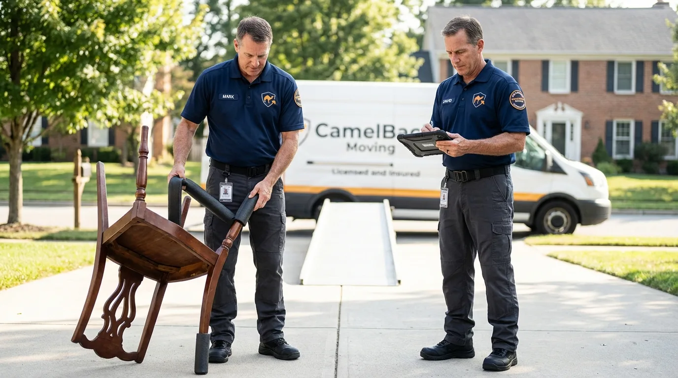 Movers inspecting furniture for damage prevention before loading in Cumberland Center, ME