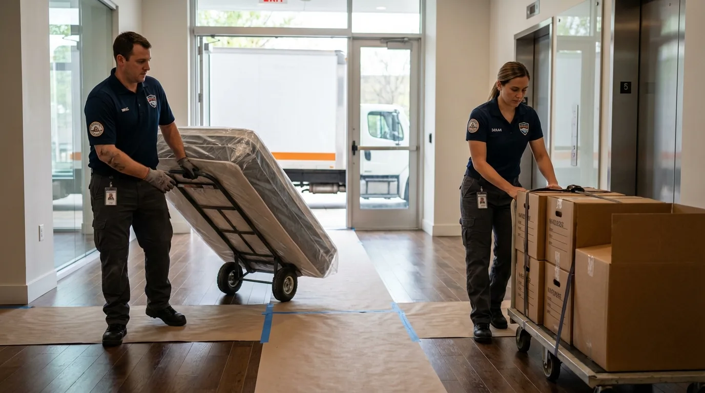 Professional apartment movers loading elevator in Cumberland Center, ME