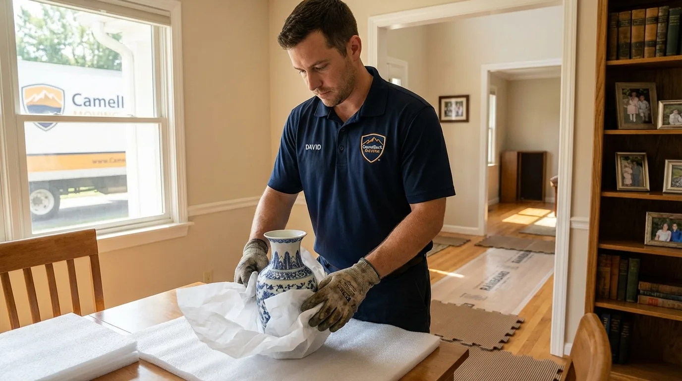 Professional crew carefully wrapping antique vase for senior downsizing move in Cumberland Center, ME
