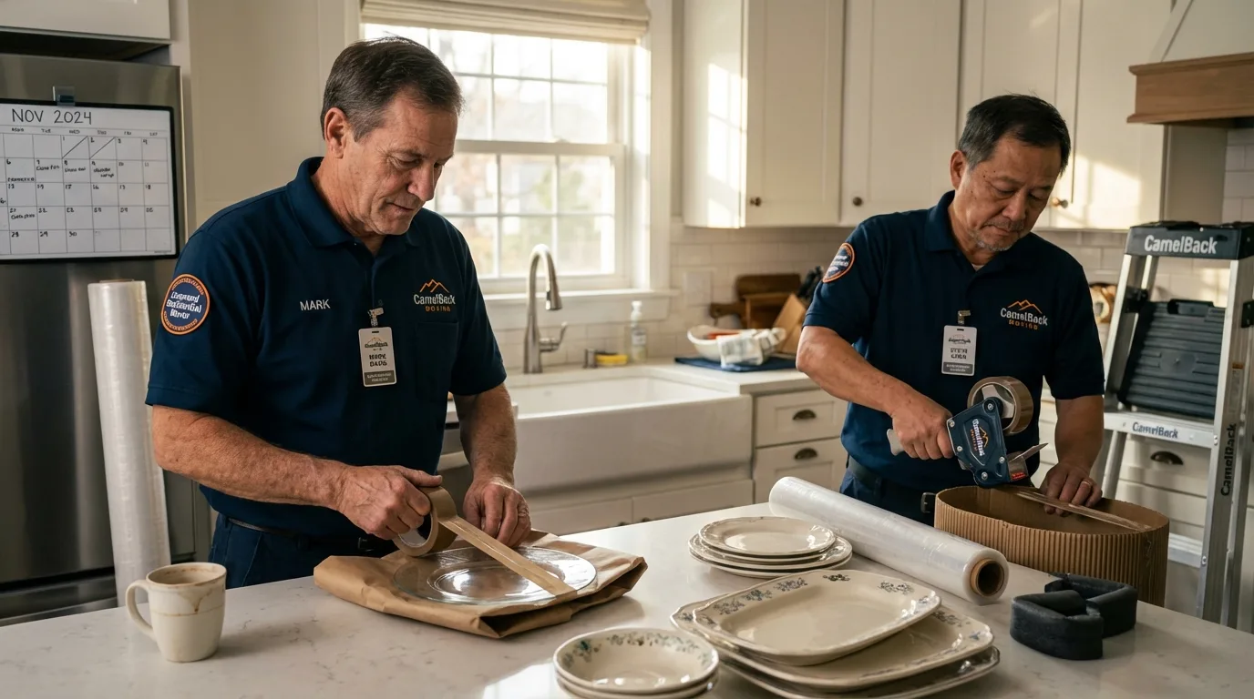 Professional crew packing kitchen dishware in Cumberland Center, ME