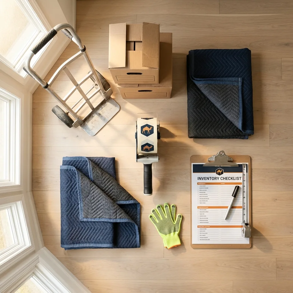 Professional moving supplies and packing materials layout for Cumberland Center residential relocations